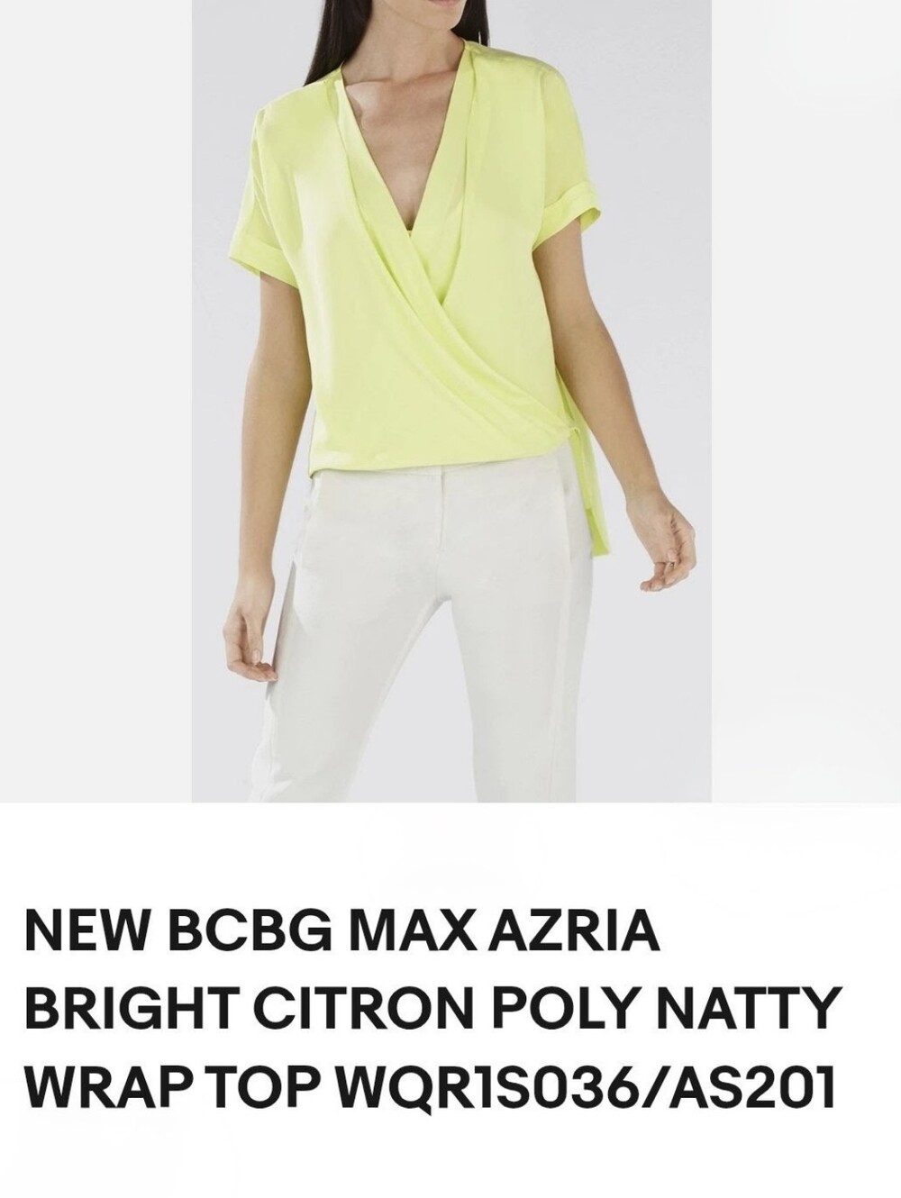 NEW BCBGMAXAZRIA top features a draped faux- wrap front and a sheer.